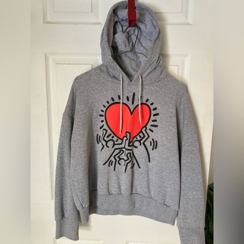 Sz S Keith Haring Gray Hoodie with Red Heart Graphic